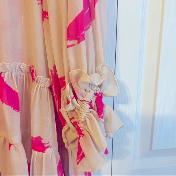 KLEID IIONA Dress Ruffle Printed Long Sleeve Pink Tan Sheer Mini Dress Small - Picture 5 of 6